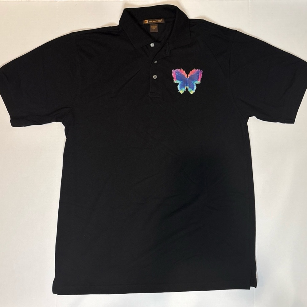 Harriton Black Polo Short Sleeve‎ Shirt with Colorful Butterfly Patch Mens Large